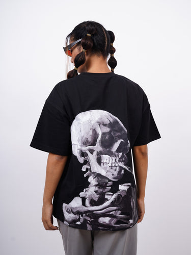 Van Gogh : Skull of a skeleton with Burning Cigarette Drop Sleeved Tee For Men and Women