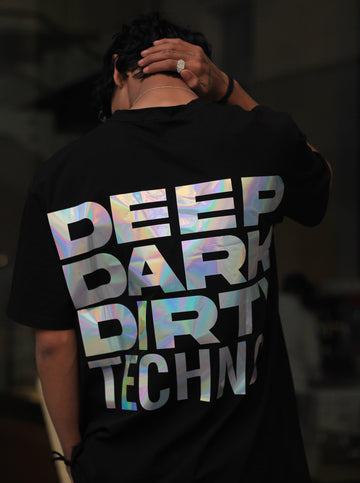 Deep Techno (Holographic) Oversized Tee (T-shirt) For Men Oversized T-shirt Burger Bae FreeSize Silver Holo 