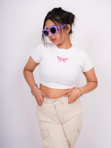 Pink Butterfly - Burger Bae Round Neck Crop Baby Tee - BurgerBae