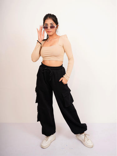 Zendaya Top (Beige) (Shoulder Pad Full Sleeves Summer Cotton Lycra Top by Burger Bae) - BurgerBae