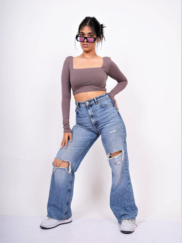 Zendaya Top (Cocoa) (Shoulder Pad Full Sleeves Summer Cotton Lycra Top by Burger Bae) - BurgerBae