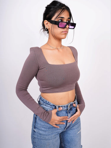 Zendaya Top (Cocoa) (Shoulder Pad Full Sleeves Summer Cotton Lycra Top by Burger Bae) - BurgerBae