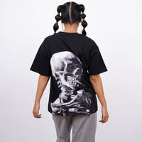 Van Gogh : Skull of a skeleton with Burning Cigarette Drop Sleeved  Tee For Men and Women