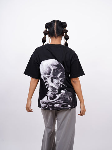 Van Gogh : Skull of a skeleton with Burning Cigarette Drop Sleeved  Tee For Men and Women