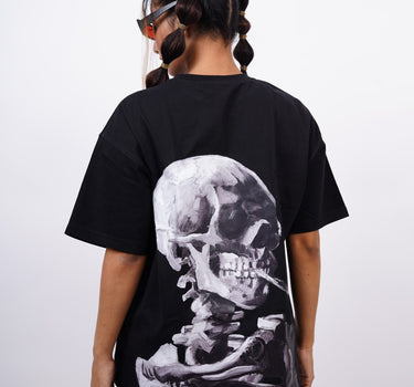 Van Gogh : Skull of a skeleton with Burning Cigarette Drop Sleeved  Tee For Men and Women