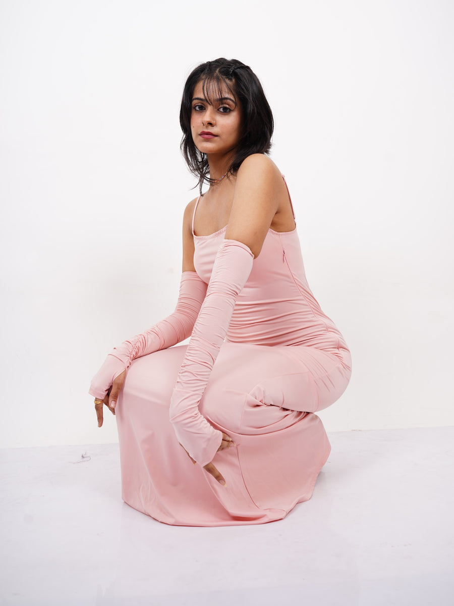 Baby Pink Layla Evening Dress - Burger Bae (Full Length Maxi dress with Gloves)
