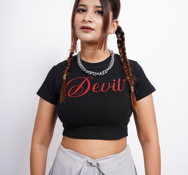 Devil : Burger Bae Round Neck Crop Baby Tee For Women