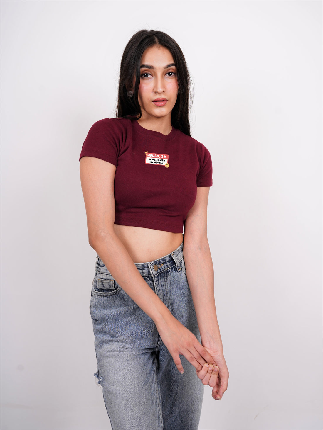 Emotionally Available - Burger Bae Round Neck Crop Baby Tee For Women