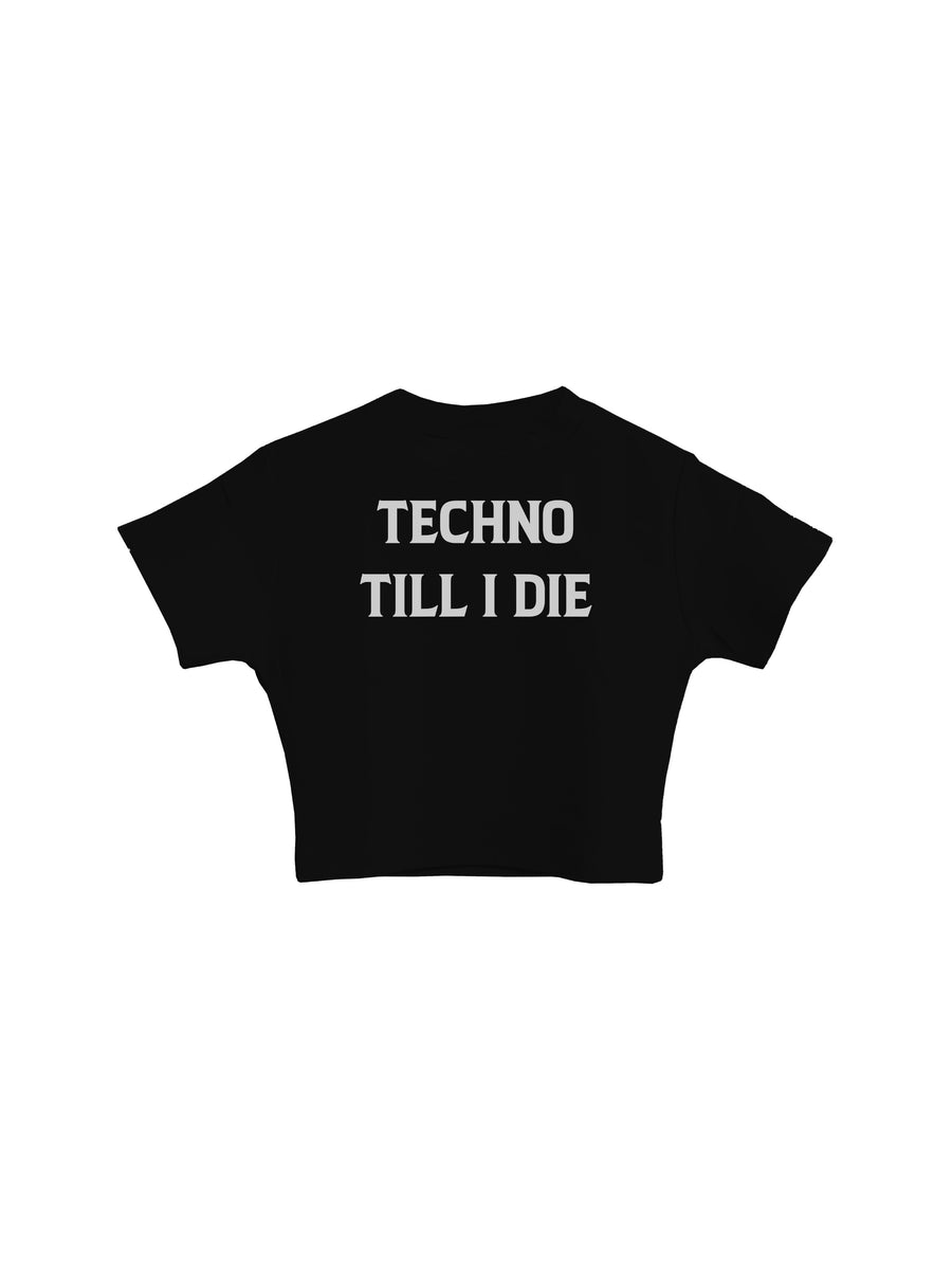 Techno Till I Die (Reflective) - Burger Bae Round Neck Crop Baby Tee