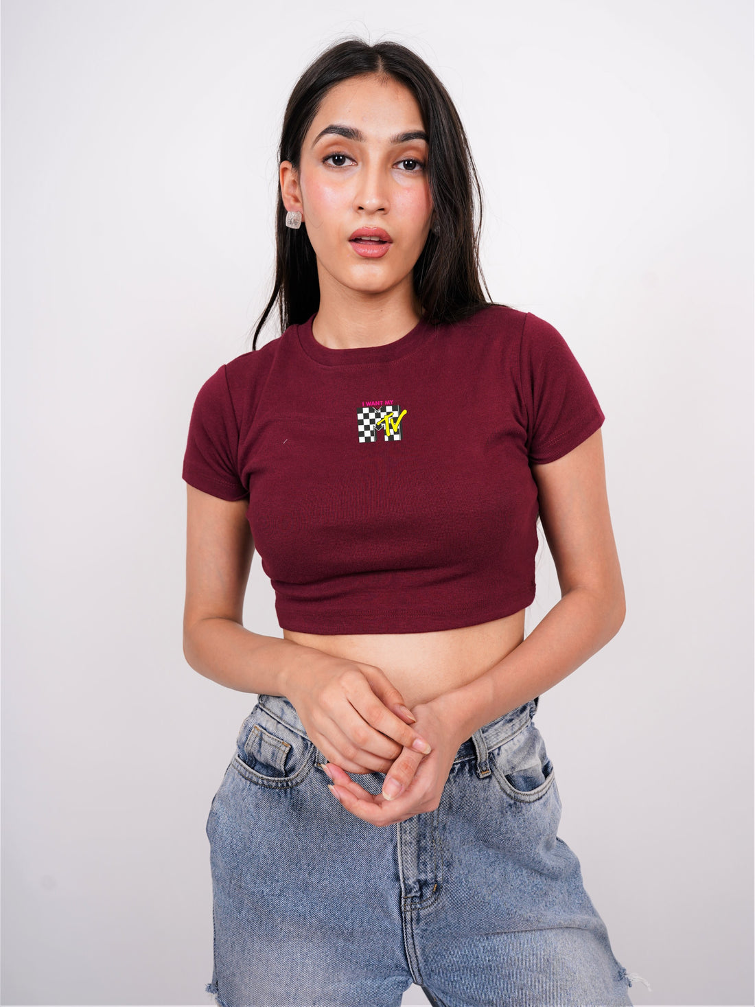 I Want My MTV Check - Burger Bae Round Neck Crop Baby Tee For Women