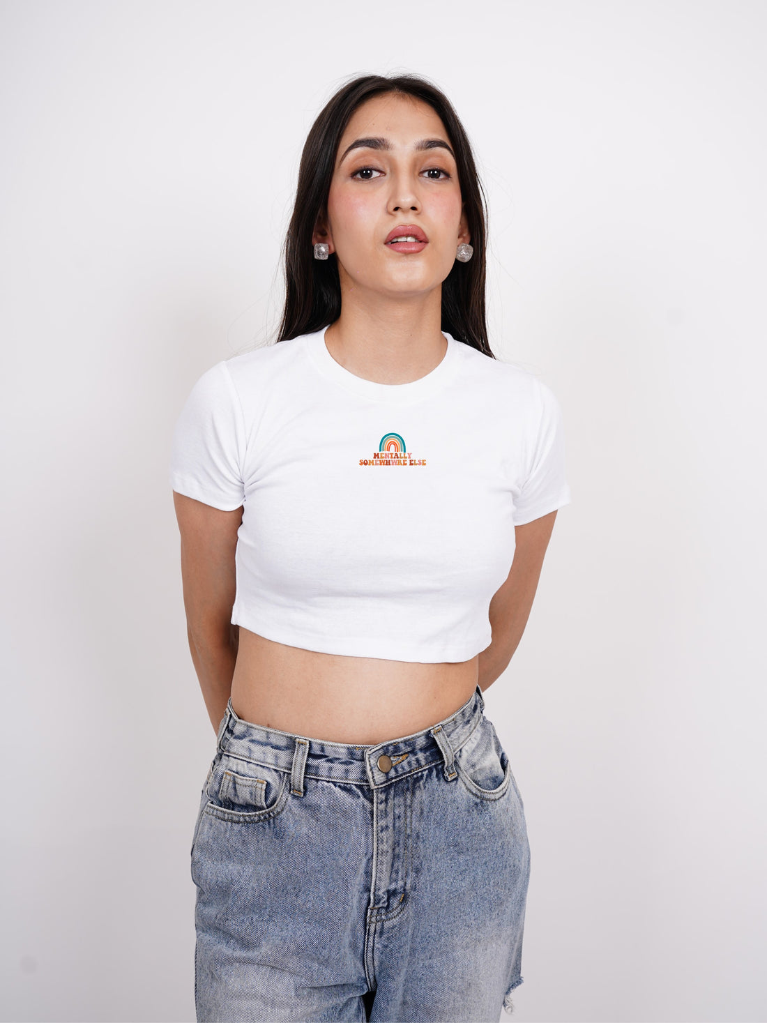 Mentally Somewhere Else - Burger Bae Round Neck Crop Baby Tee For Women