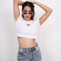 Pink Butterfly - Burger Bae Round Neck Crop Baby Tee For Women