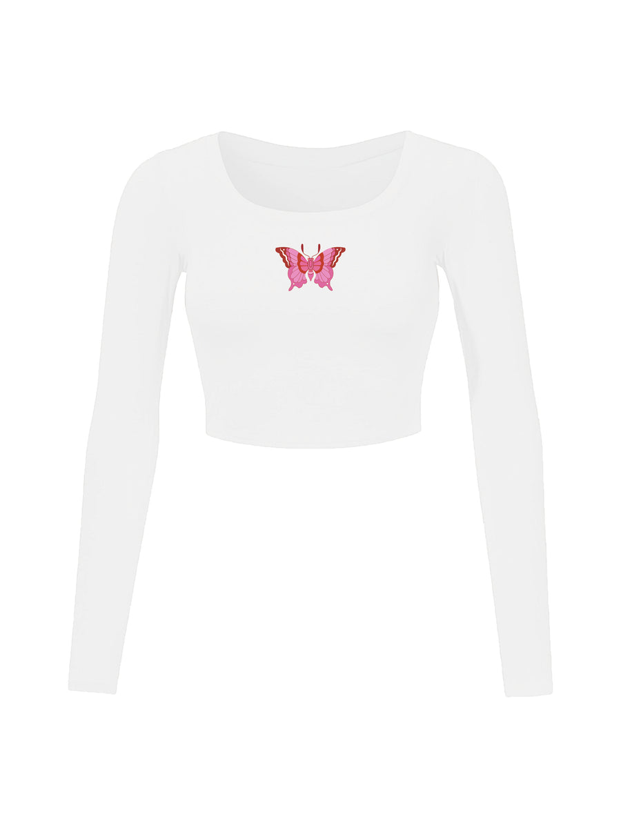 Pink Butterfly - Burger Bae Round Neck Y2k Top For Women