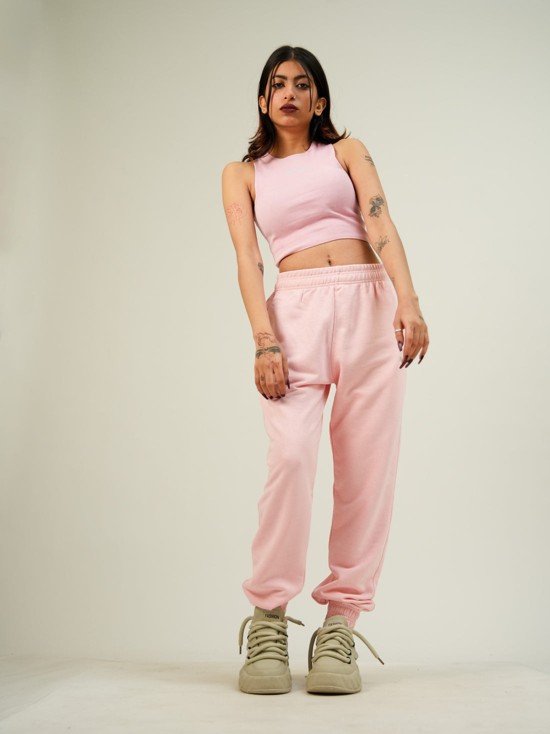 Baby Pink Burger Co-Ord Set (Racer + Gather Tracks) For Women