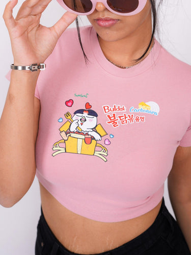 Buldak Ramen Carbonara - Burger Bae Round Neck Crop Baby Tee For Women - BurgerBae