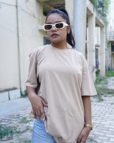 Basic Oversized Tee (T-shirt) Oversized T-shirt Burger Bae Free Size Beige 
