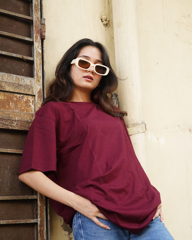 Basic Oversized Tee (T-shirt) Oversized T-shirt Burger Bae Free Size Wine 
