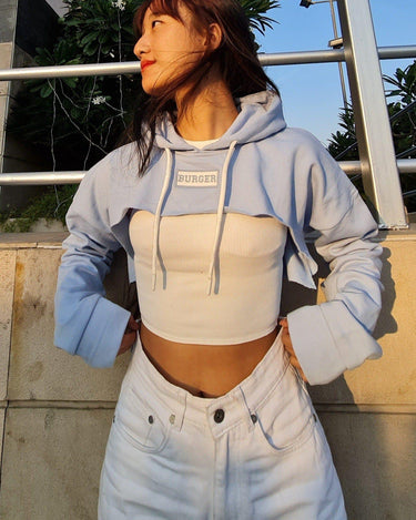 Burger Bust Crop Hoodie Hoodies Burger Bae Free Size Pastel Sky Blue 