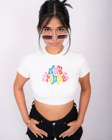 Day Tripper - Burger Bae Round Neck Crop Baby Tee - BurgerBae