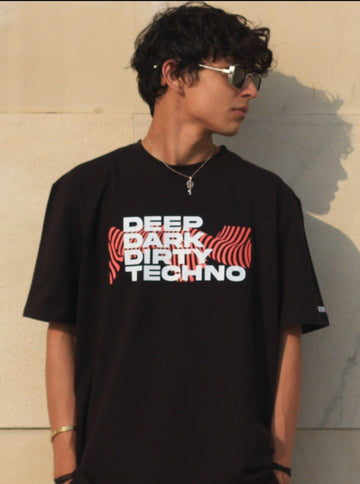 Deep Dark Dirty Techno Oversized Tee (T-shirt) For Men Oversized T-shirt Burger Bae FreeSize Black 