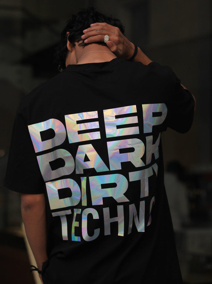 Deep Techno (Holographic) Oversized Tee (T-shirt) For Men Oversized T-shirt Burger Bae FreeSize Silver Holo 
