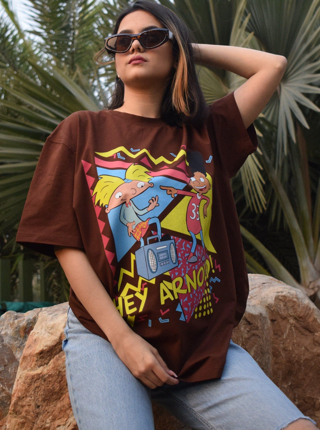 Hey Arnold Oversized Tee (T-shirt) Oversized T-shirt Burger Bae Free Size Coffee Brown 