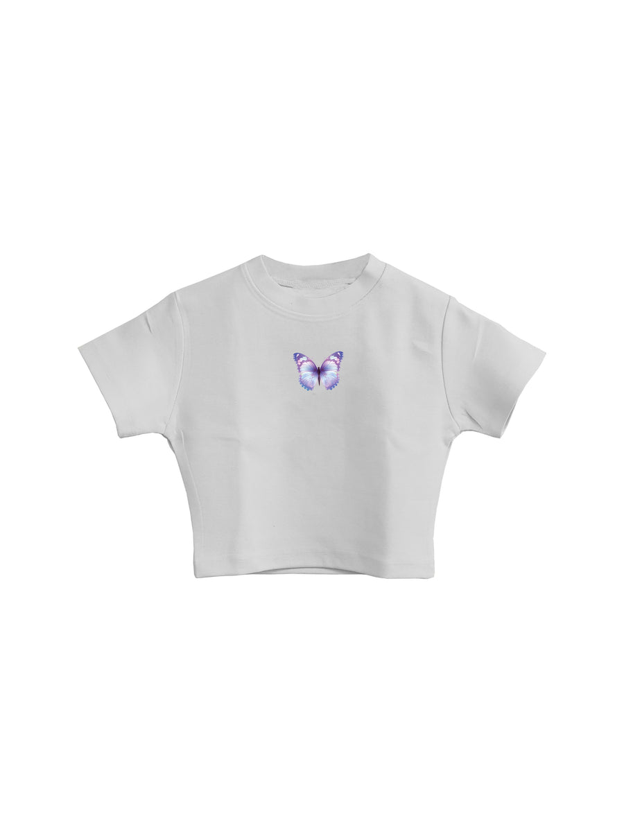 Holly Blue Butterfly - Burger Bae Round Neck Crop Baby Tee For Women
