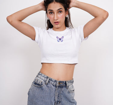 Holly Blue Butterfly : Burger Bae Round Neck Crop Baby Tee For Women