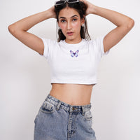 Holly Blue Butterfly - Burger Bae Round Neck Crop Baby Tee For Women