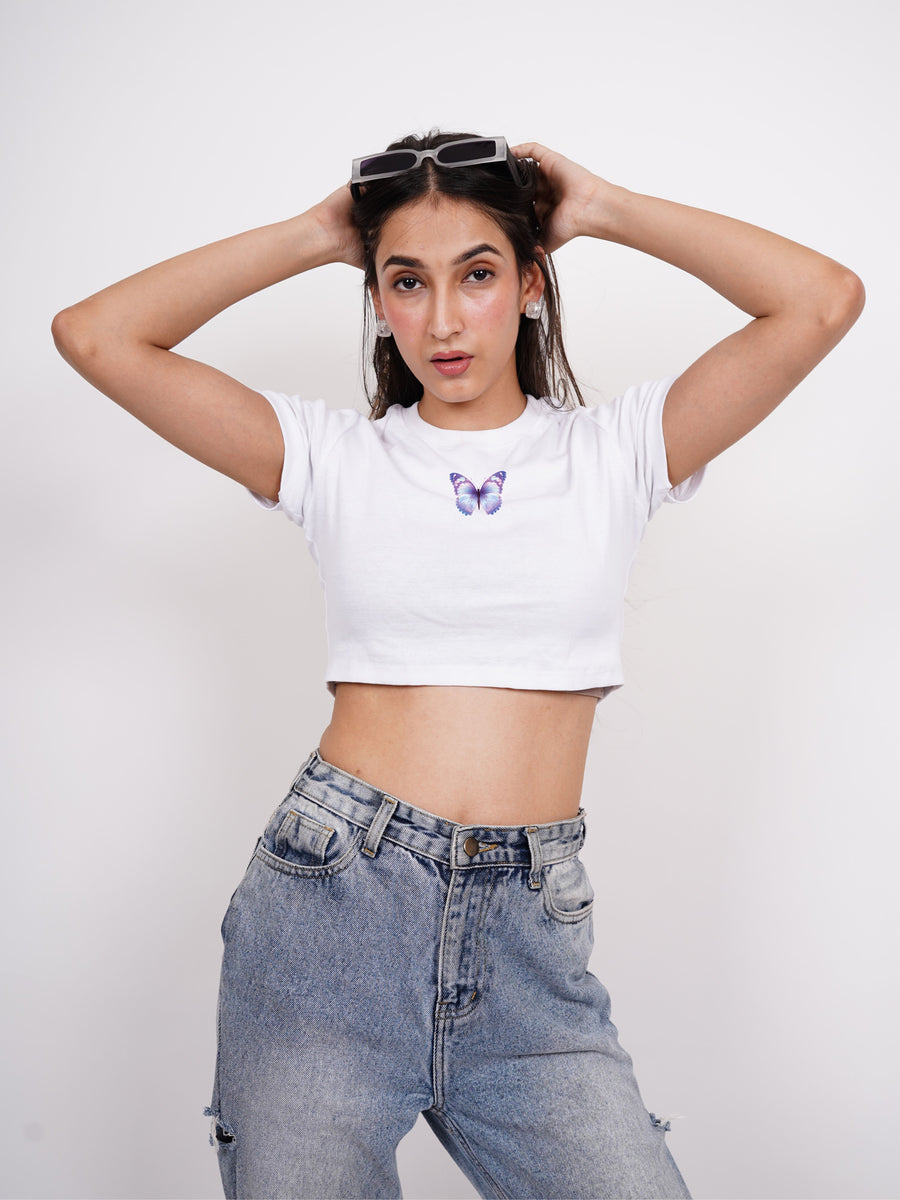 Holly Blue Butterfly - Burger Bae Round Neck Crop Baby Tee