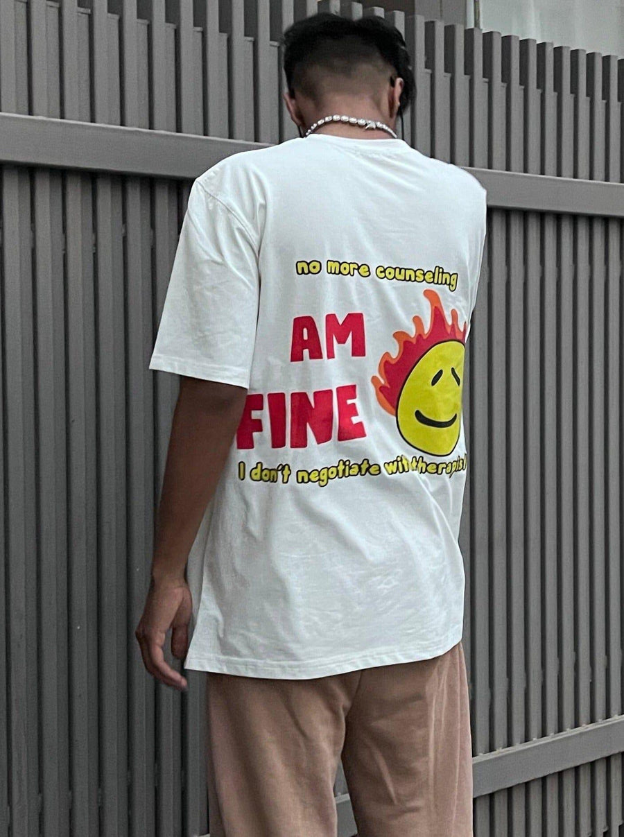 I am Fine Oversized Tee (T-shirt) For Men Oversized T-shirt Burger Bae Free Size White 