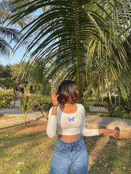 Morpho Y2K Top(Burger bae printed deep neck long sleeve tpop) - BurgerBae