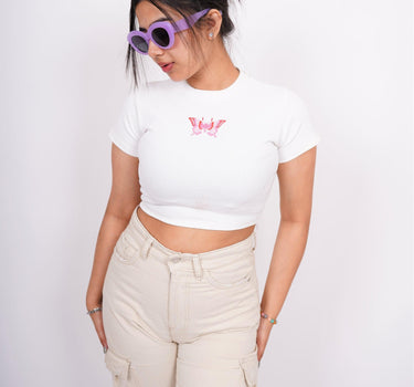 Pink Butterfly - Burger Bae Round Neck Crop Baby Tee - BurgerBae