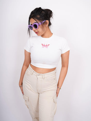 Pink Butterfly - Burger Bae Round Neck Crop Baby Tee - BurgerBae