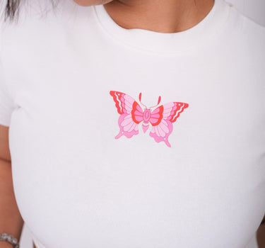 Pink Butterfly - Burger Bae Round Neck Crop Baby Tee - BurgerBae