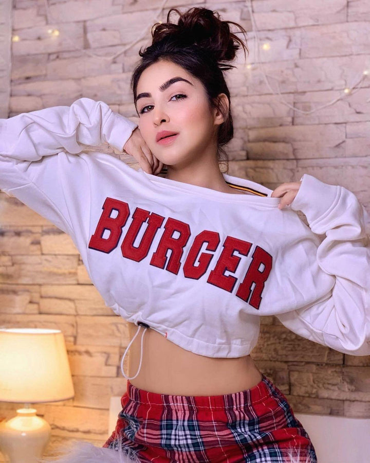 Signature Big Logo Burger Knot Crop Sweatshirt Sweatshirt Burger Bae Free Size White 
