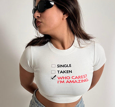 Single/Taken - Burger bae Round Neck Crop Baby Tee - BurgerBae