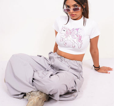 The Flying Pony - Burger Bae Round Neck Crop Baby Tee - BurgerBae