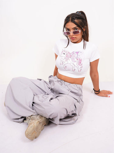 The Flying Pony - Burger Bae Round Neck Crop Baby Tee - BurgerBae