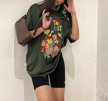 Top Cat Oversized Tee (T-shirt) Oversized T-shirt Burger Bae Free Size Dark Olive Green 