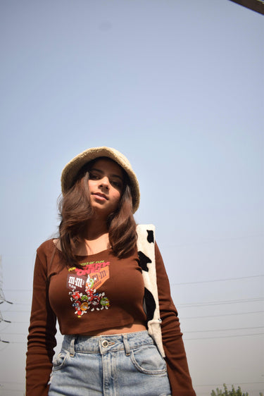 Women Long Sleeve Round Neck Crop Top (M&M Y2K Top) - BurgerBae