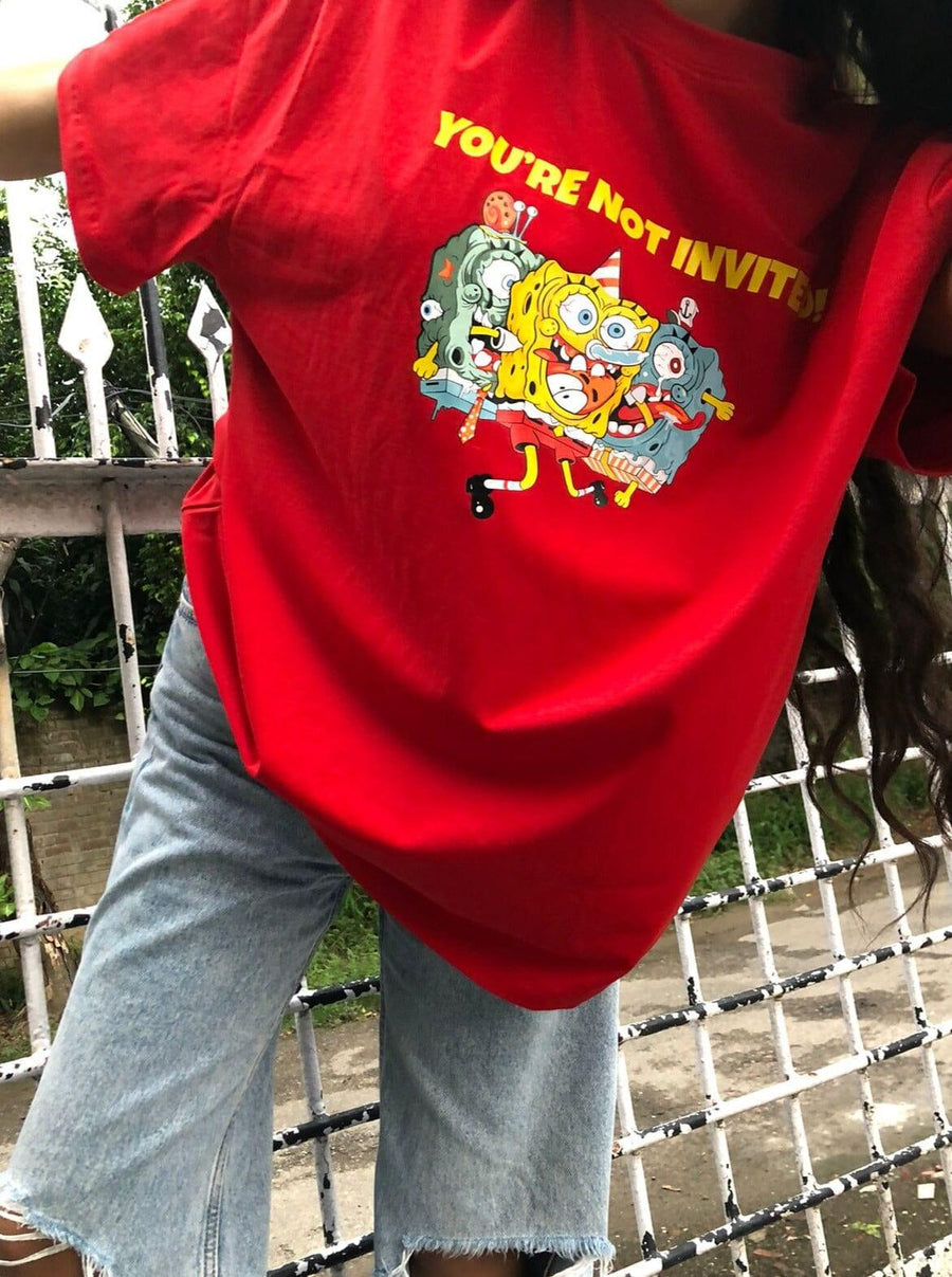 SpongeBob You'Re Not Invited Oversized Tee (T-shirt) Oversized T-shirt Burger Bae Free Size Red 