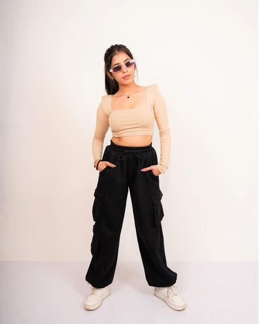 Zendaya Top (Beige) (Shoulder Pad Full Sleeves Summer Cotton Lycra Top by Burger Bae) - BurgerBae