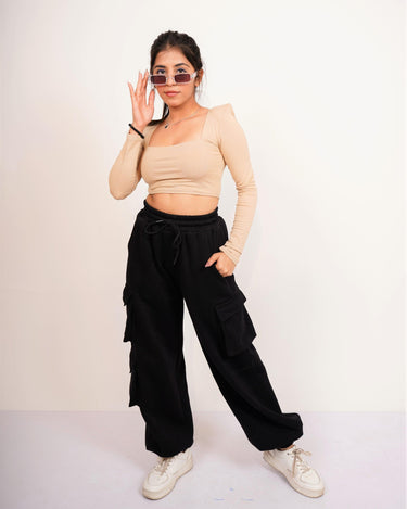 Zendaya Top (Beige) (Shoulder Pad Full Sleeves Summer Cotton Lycra Top by Burger Bae) - BurgerBae