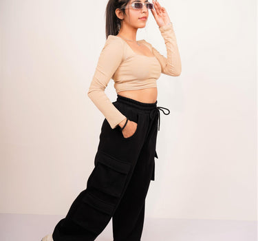 Zendaya Top (Beige) (Shoulder Pad Full Sleeves Summer Cotton Lycra Top by Burger Bae) - BurgerBae