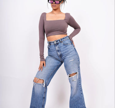 Zendaya Top (Cocoa) (Shoulder Pad Full Sleeves Summer Cotton Lycra Top by Burger Bae) - BurgerBae