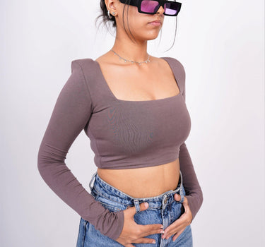 Zendaya Top (Cocoa) (Shoulder Pad Full Sleeves Summer Cotton Lycra Top by Burger Bae) - BurgerBae