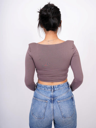 Zendaya Top (Cocoa) (Shoulder Pad Full Sleeves Summer Cotton Lycra Top by Burger Bae) - BurgerBae