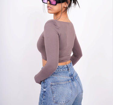 Zendaya Top (Cocoa) (Shoulder Pad Full Sleeves Summer Cotton Lycra Top by Burger Bae) - BurgerBae